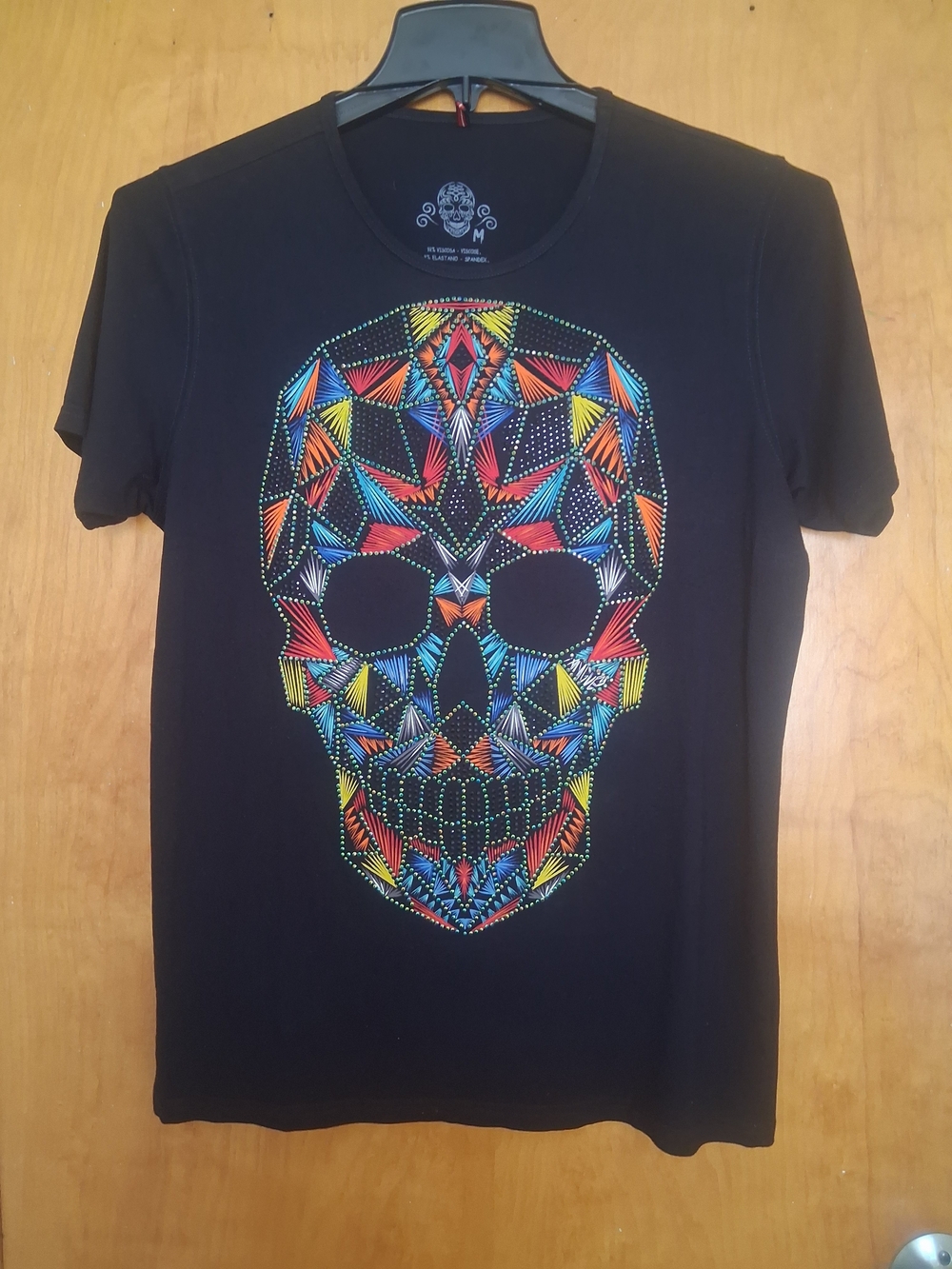 Black Short Sleeve Tee by AyGuey with Colorful Studded Geometric Skull